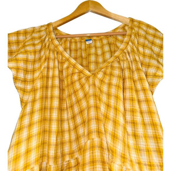 Old Navy Flounce Sleeve Yellow Plaid Mini Swing Dress Women Sz 3X Cotton Cottage - Picture 5 of 11